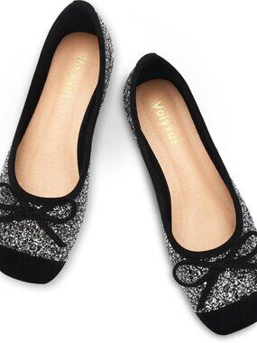 Women Glitter Black Faux Suede Square Toe Slip On Cap Toe Bow Dressy Flat Shoes